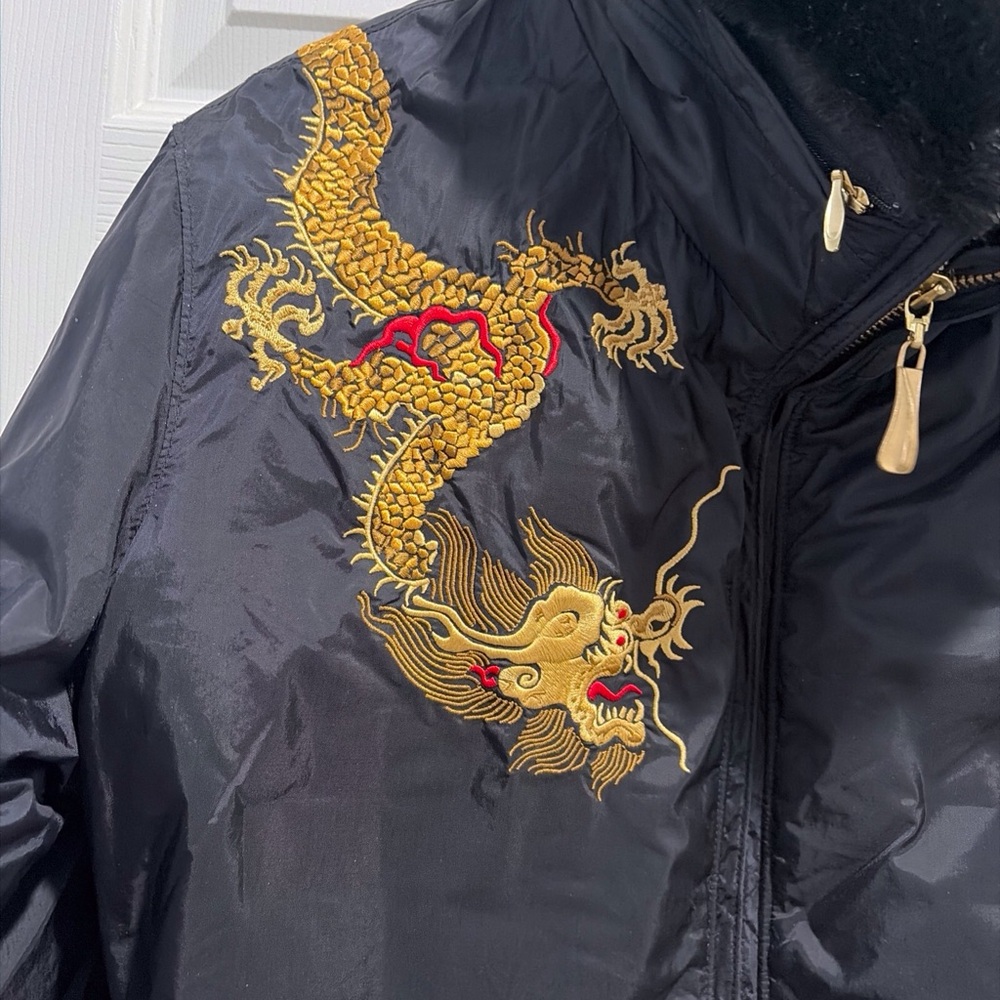 Obermeyer Black Ski Jacket with Gold and Red Dragon Embroidery